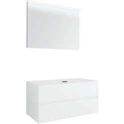Meuble 2 tiroirs+ tablette pour lavabo à poser central Tenso 90cm Tenso sans trou robinet coloris blanc avec miroir