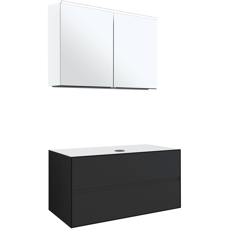 Meuble 2 tiroirs+ tablette pour lavabo à poser central Tenso 90cm Tenso sans trou robinet coloris gris avec armoire toilette