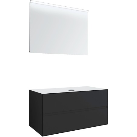 Meuble 2 tiroirs+ tablette pour lavabo à poser central Tenso 90cm Tenso sans trou robinet coloris gris avec miroir