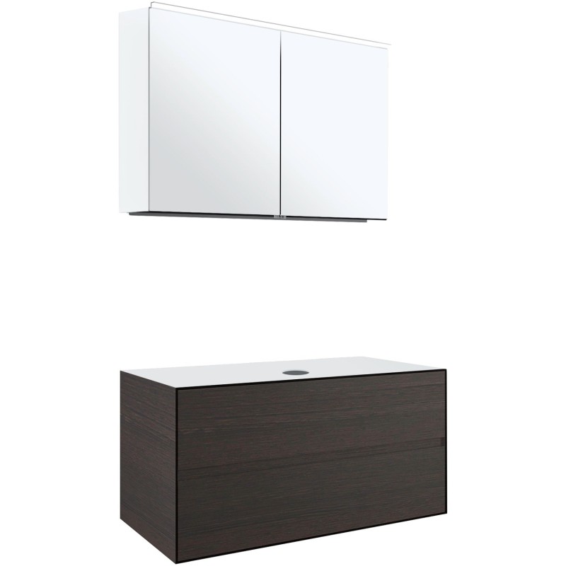 Meuble 2 tiroirs+ tablette pour lavabo à poser central Tenso 90cm Tenso sans trou robinet coloris wenge avec armoire toilette