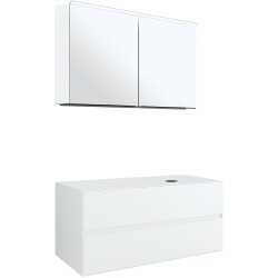 Meuble 2 tiroirs+ tablette pour lavabo à poser droite Tenso 120cm Tenso sans trou robinet coloris blanc avec armoire toilette
