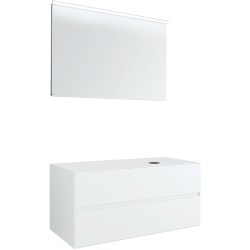 Meuble 2 tiroirs+ tablette pour lavabo à poser droite Tenso 120cm Tenso sans trou robinet coloris blanc avec miroir