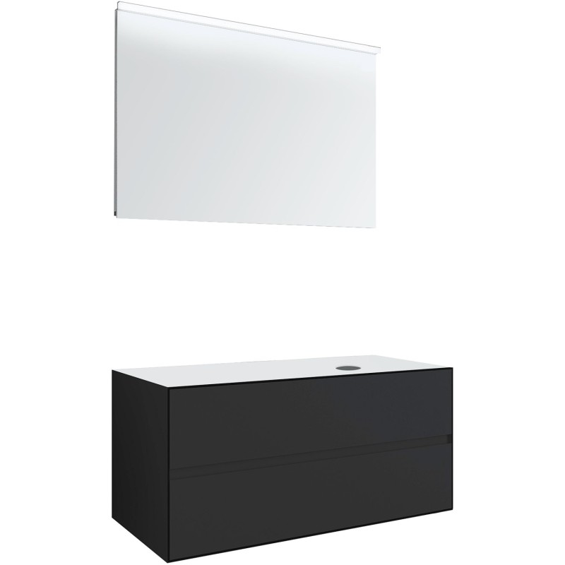 Meuble 2 tiroirs+ tablette pour lavabo à poser droite Tenso 120cm Tenso sans trou robinet coloris gris avec miroir