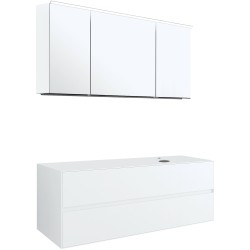 Meuble 2 tiroirs+ tablette pour lavabo à poser droite Tenso 140cm +trou robinet coloris blanc avec armoire toilette
