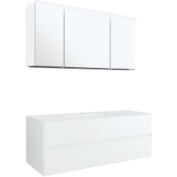 Meuble 2 tiroirs+ lavabo sous encastrer central tenso 140cm +trou robinet blanc avec armoire toilette