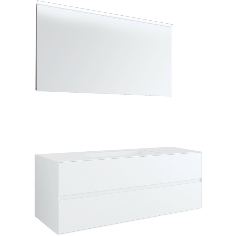 Meuble 2 tiroirs+ lavabo sous encastrer central tenso 140cm sans trou robinet coloris blanc avec miroir