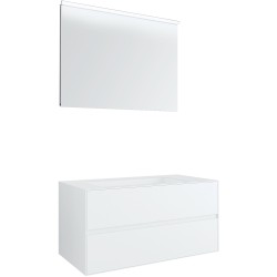 Meuble 2 tiroirs+ lavabo sous encastrer central tenso 90cm sans trou robinet coloris blanc avec miroir