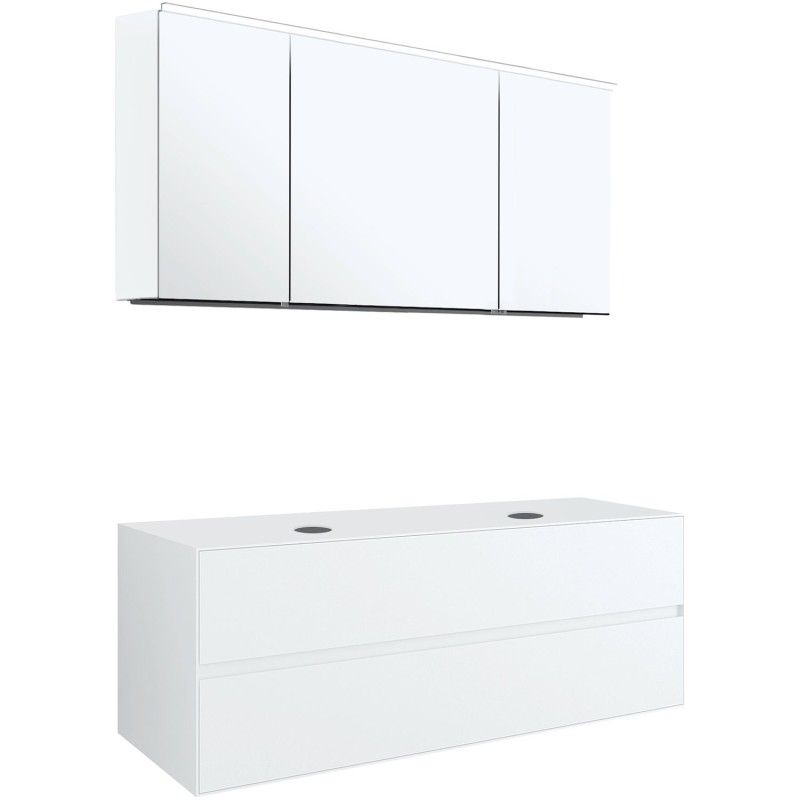 Meuble 2 tiroirs+ tablettete pour 2 lavabos à poser Tenso 140cm sans trous robinets coloris blanc avec armoire toilette