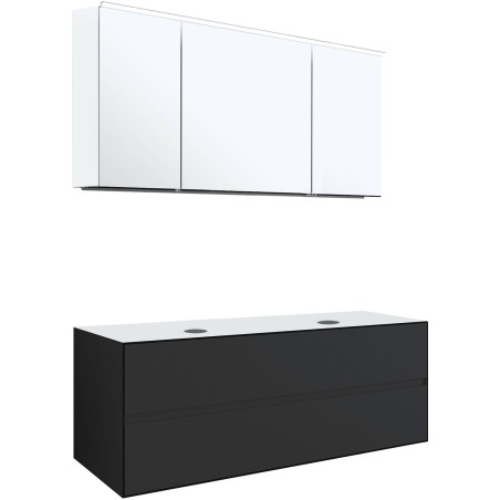 Meuble 2 tiroirs+ tablettete pour 2 lavabos à poser Tenso 140cm sans trous robinets coloris blanc avec armoire toilette