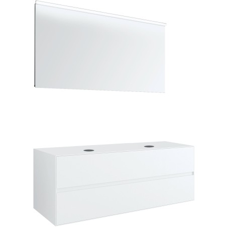 Meuble 2 tiroirs+ tablettete pour 2 lavabos à poser Tenso 140cm sans trous robinets coloris blanc avec miroir