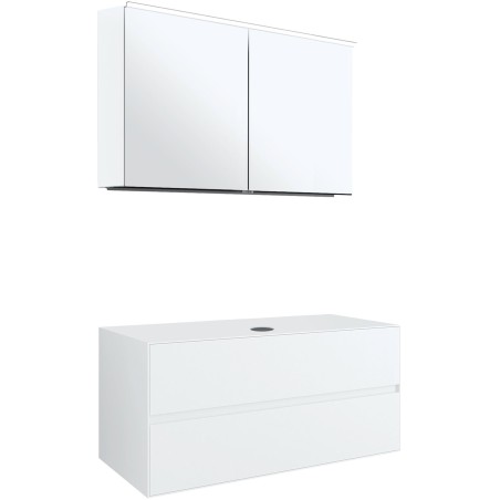 Meuble 2 tiroirs+ tablettete pour lavabo à poser central Tenso 120cm tenso sans trou robinet coloris blanc avec armoire toilette