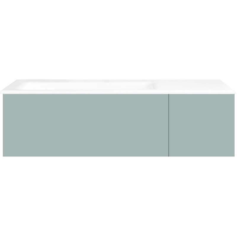 Sous meuble Coffee 2 tiroirs 110 bleu azur doux mat + lavabo gauche porcelaine sans trou robinet blanc