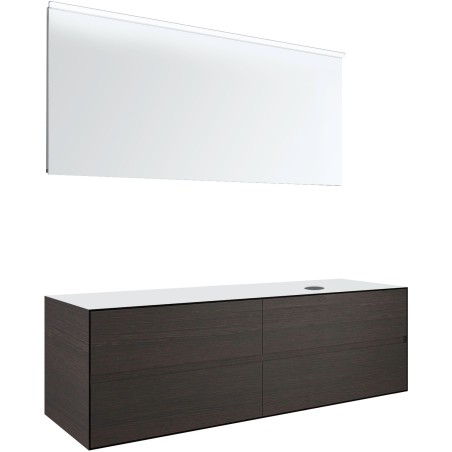 Meuble 4 tiroirs+ tablette pour lavabo à poser droite Tenso 160cm sans trou robinet coloris gris avec miroir