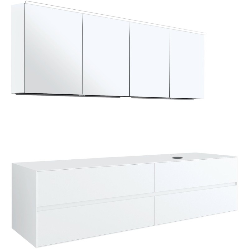 Meuble 4 tiroirs+ tablette pour lavabo à poser droite Tenso 180cm +trou robinet coloris blanc avec armoire toilette