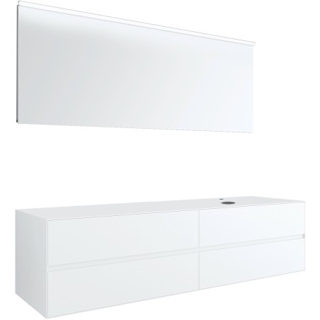 Meuble 4 tiroirs+ tablette pour lavabo à poser droite Tenso 180cm +trou robinet coloris blanc avec miroir