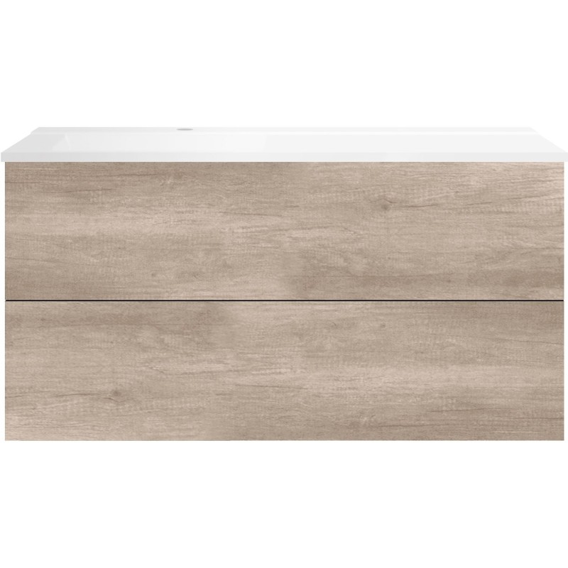 Sous meuble Coffee 2 tiroirs 120 chêne decor flanelle + lavabo gauche blanc