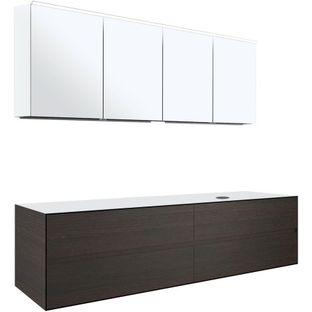 Meuble 4 tiroirs+ tablette pour lavabo à poser droite Tenso 180cm sans trou robinet coloris wenge avec miroir