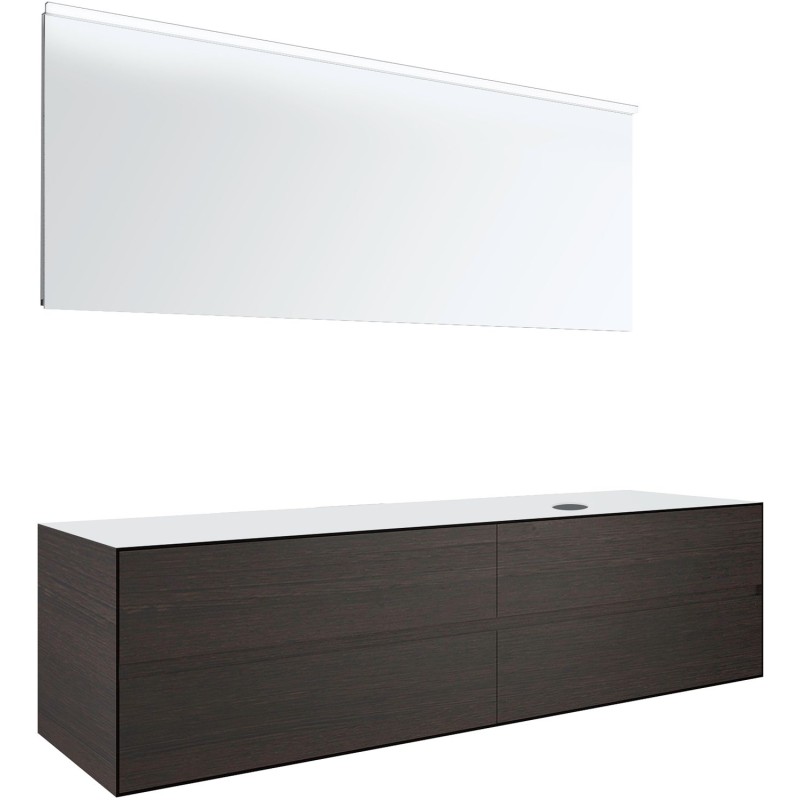 Meuble 4 tiroirs+ tablette pour lavabo à poser droite Tenso 180cm sans trou robinet coloris wenge avec miroir