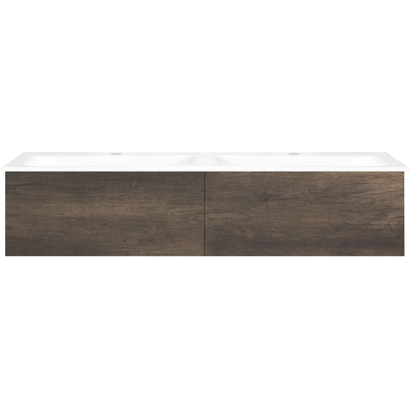 Sous meuble Coffee 2 tiroirs 140 duo châtaigne + double lavabo porcelaine blanc