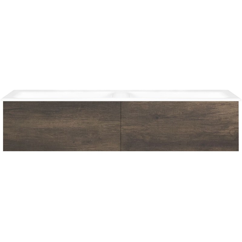 Sous meuble Coffee 2 tiroirs 140 duo châtaigne + double lavabo porcelaine sans trou robinet blanc