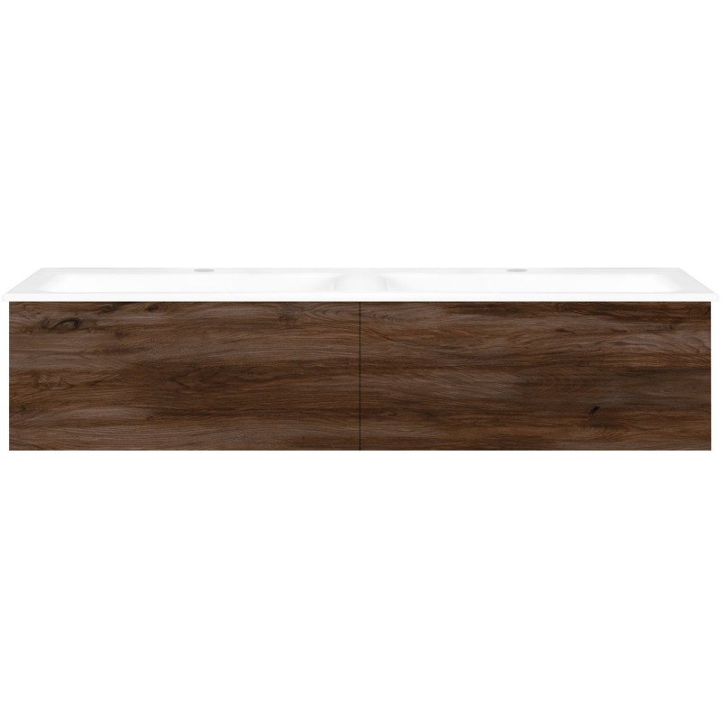 Sous meuble Coffee 2 tiroirs 140 duo noyer decor velours + double lavabo porcelaine blanc