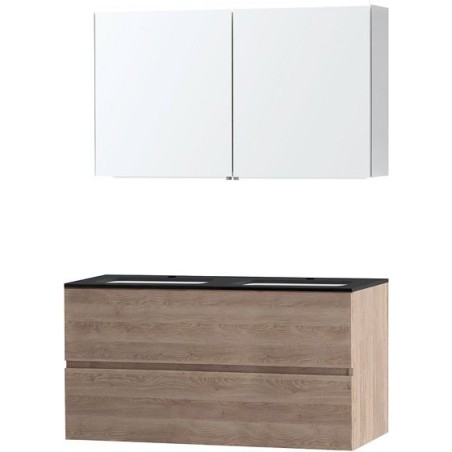 Meuble Molto 120 bleue belge avec armoire de toilette coloris chêne naturel