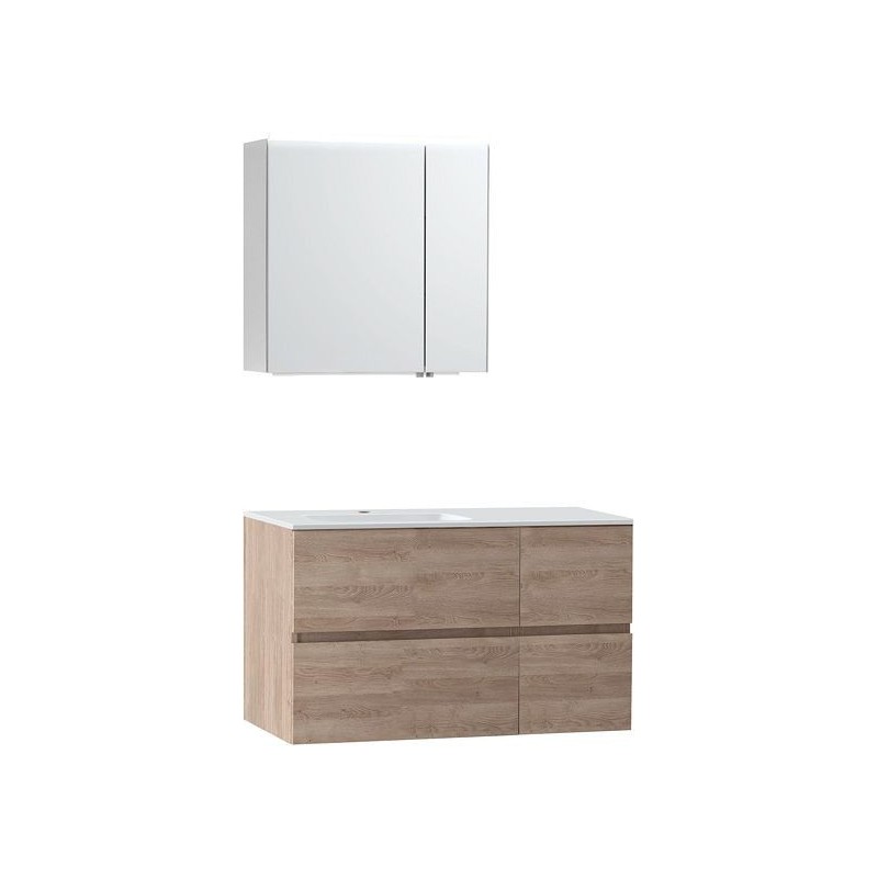 Meuble Molto 105 gauche marbre synthétique avec armoire de toilette 70 coloris chêne naturel