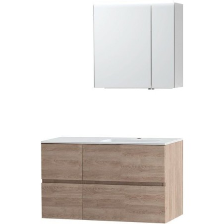 Meuble Molto 105 droite marbre synthétique avec armoire de toilette 70 coloris chêne naturel