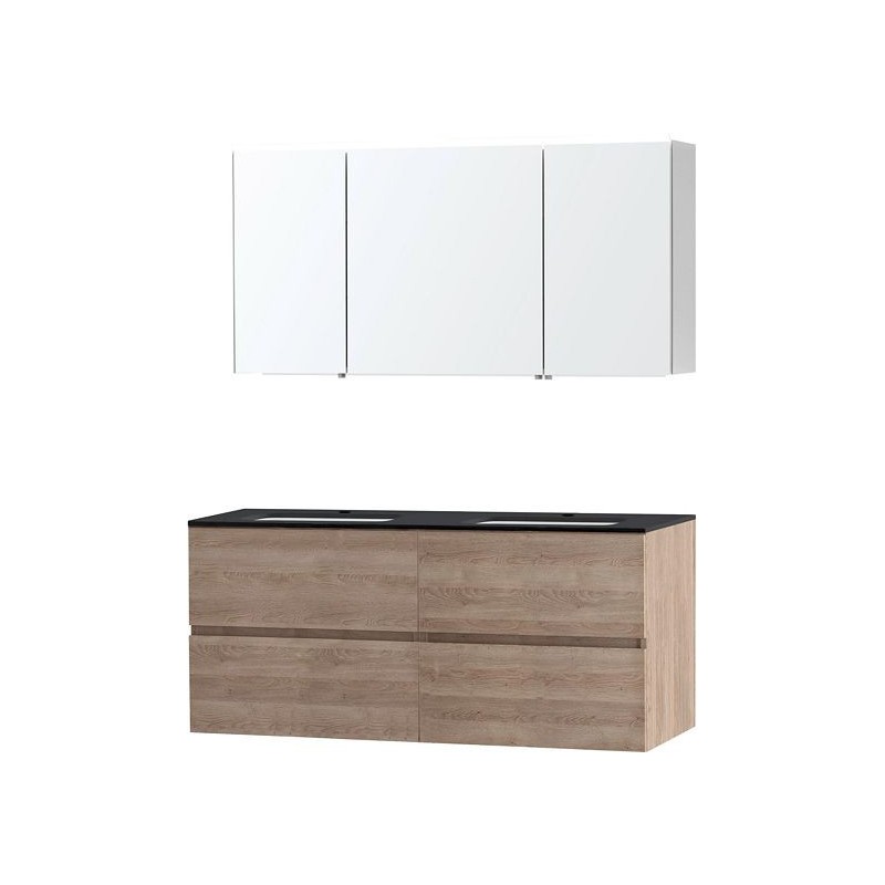 Meuble Molto 140 bleue belge avec armoire de toilette coloris chêne naturel