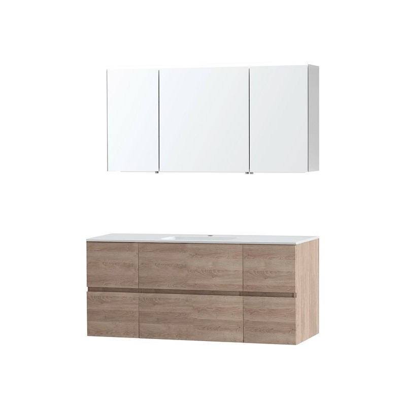 Meuble Molto 140 1 lavabo marbre synthétique avec armoire de toilette coloris chêne naturel