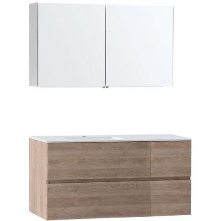 Meuble Molto 125 gauche marbre synthétique avec armoire de toilette coloris chêne naturel