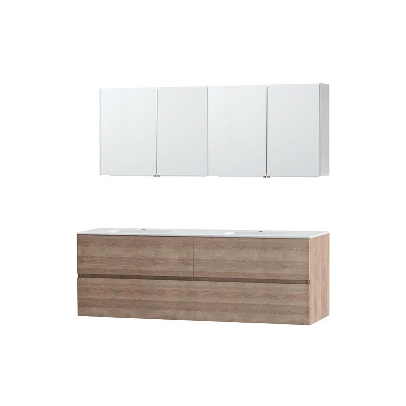 Meuble Molto 180 coloris chêne naturel 2 lavabos marbre synthétique avec armoire de toilette