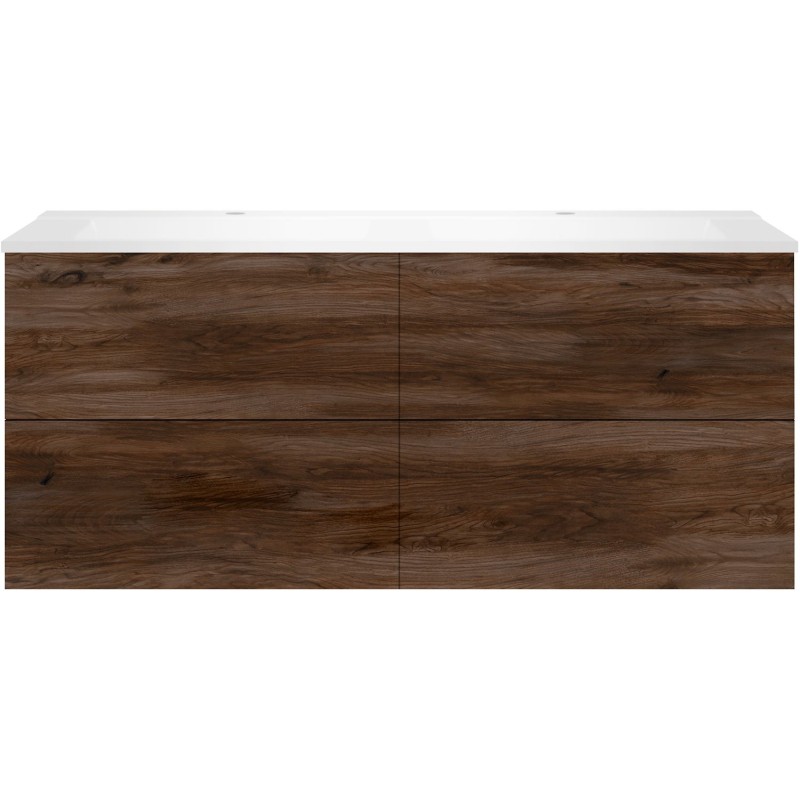 Sous meuble Coffee 4 tiroirs 140 duo noyer décor velours +double lavabo blanc mat