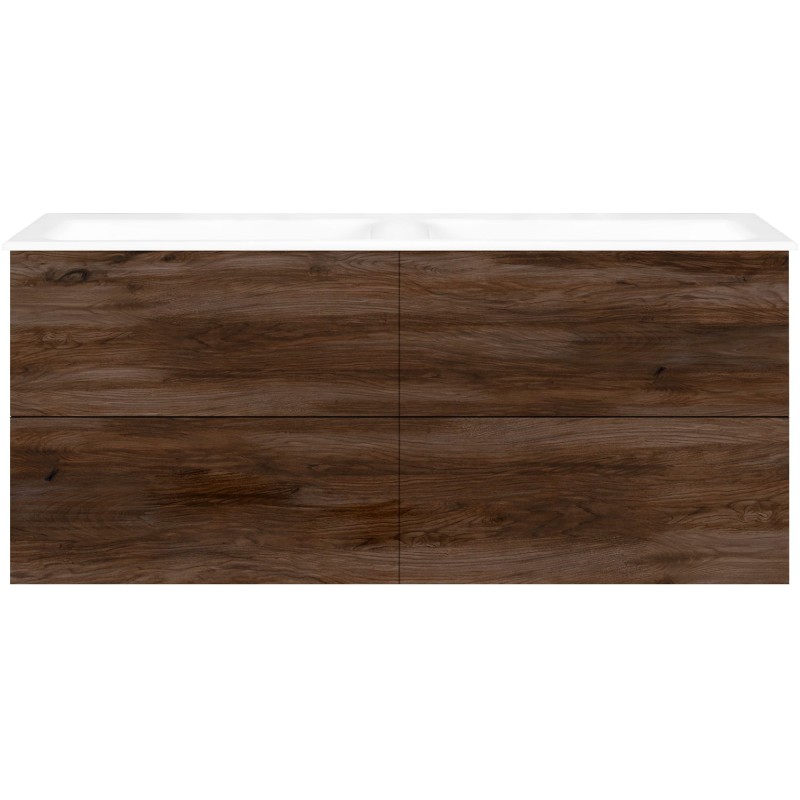 Sous meuble Coffee 4 tiroirs 140 duo noyer décor velours+double lavabo porcelaine sans trou robinet blanc