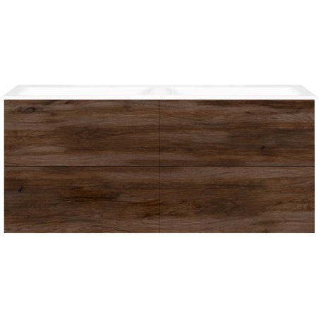 Sous meuble Coffee 4 tiroirs 140 duo noyer décor velours+double lavabo porcelaine sans trou robinet blanc