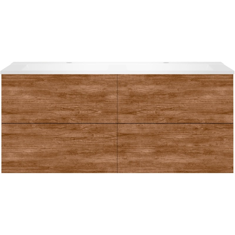 Sous meuble Coffee 4 tiroirs 140 duo tectona décor cannelle +double lavabo blanc mat
