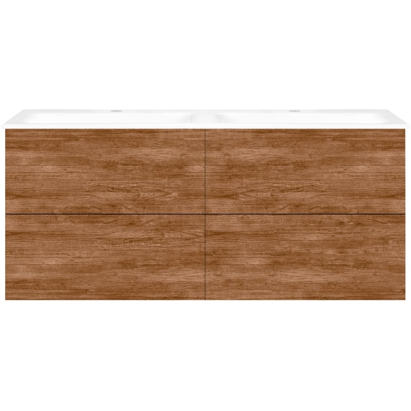 Sous meuble Coffee 4 tiroirs 140 duo tectona décor cannelle +double lavabo porcelaine blanc