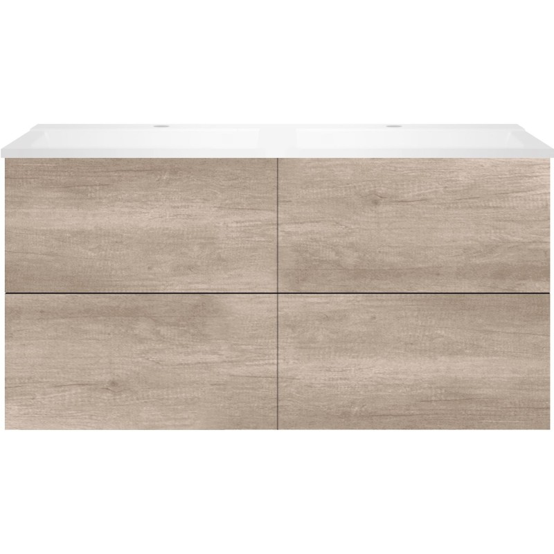 Sous meuble Coffee 4 tiroirs 120 duo chêne décor flanelle +double lavabo blanc mat