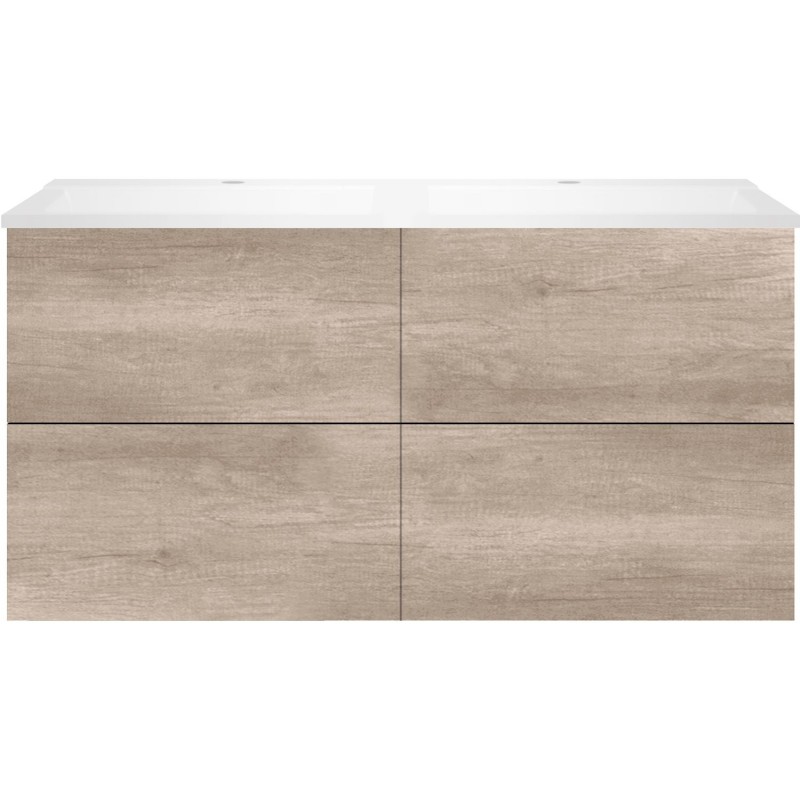 Sous meuble Coffee 4 tiroirs 120 duo chêne décor flanelle +double lavabo blanc