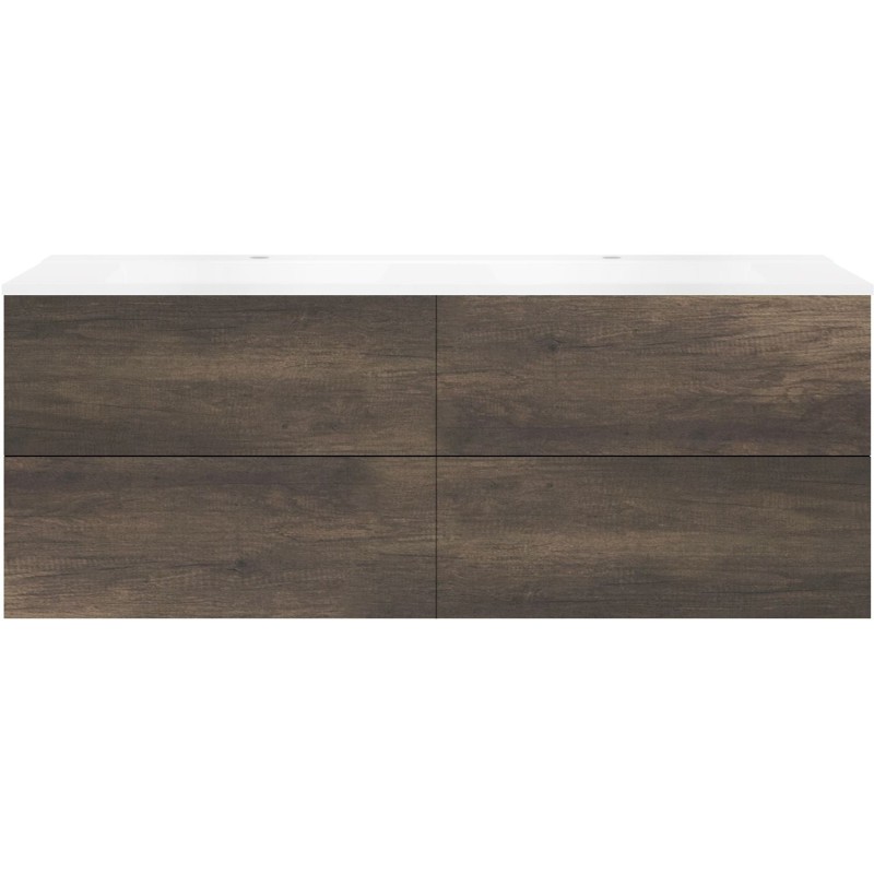 Sous meuble Coffee 4 tiroirs 160 duo châtaigne +double lavabo blanc mat