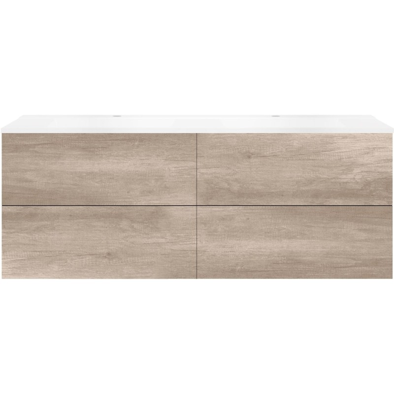 Sous meuble Coffee 4 tiroirs 160 duo chêne décor flanelle +double lavabo blanc mat