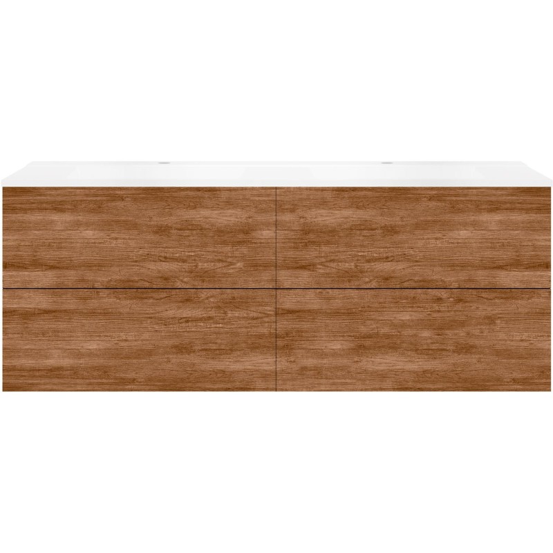 Sous meuble Coffee 4 tiroirs 160 duo tectona décor cannelle +double lavabo blanc mat