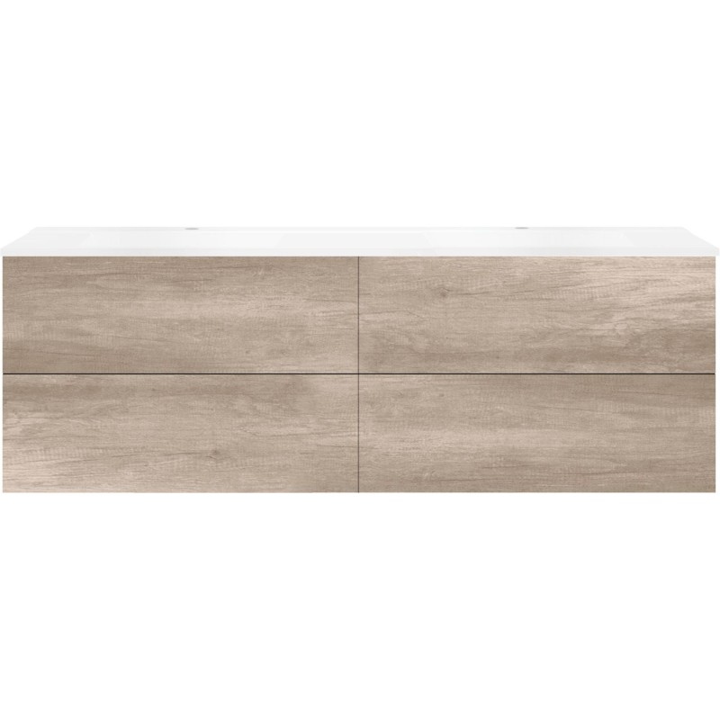 Sous meuble Coffee 4 tiroirs 180 duo chêne décor flanelle +double lavabo blanc mat