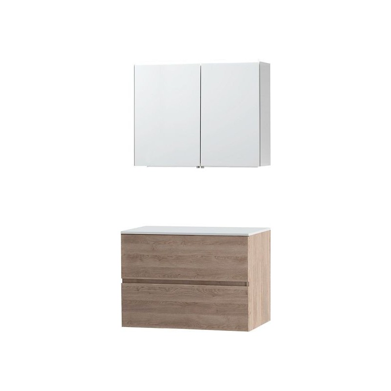 Meuble molto coloris chêne naturel 90 pour lavabo à poser solid avec armoire de toilette