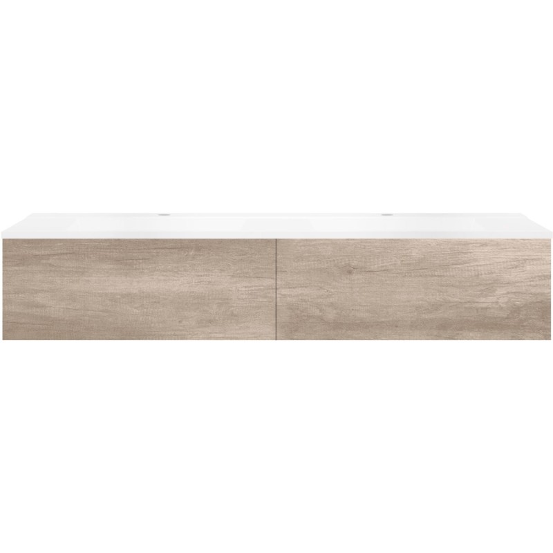 Sous meuble Coffee 2 tiroirs 160 duo chêne décor flanelle +double lavabo blanc