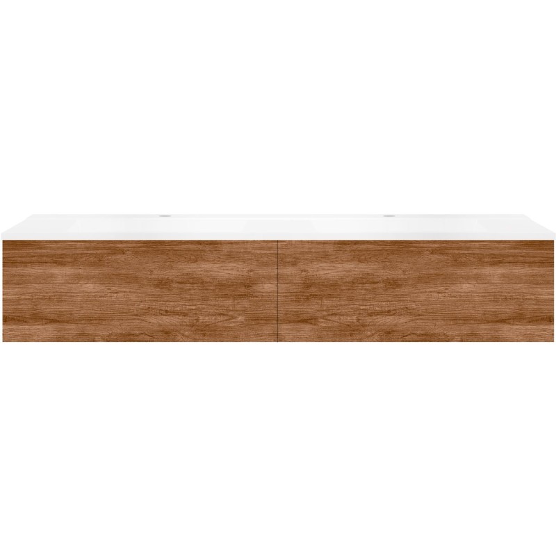 Sous meuble Coffee 2 tiroirs 160 duo tectona décor cannelle +double lavabo blanc