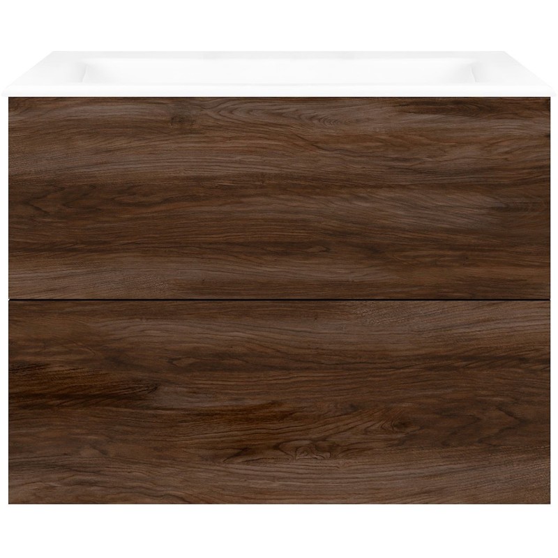 Sous meuble Coffee 2 tiroirs 80 noyer décor velours+lavabo porcelaine sans trou robinet blanc