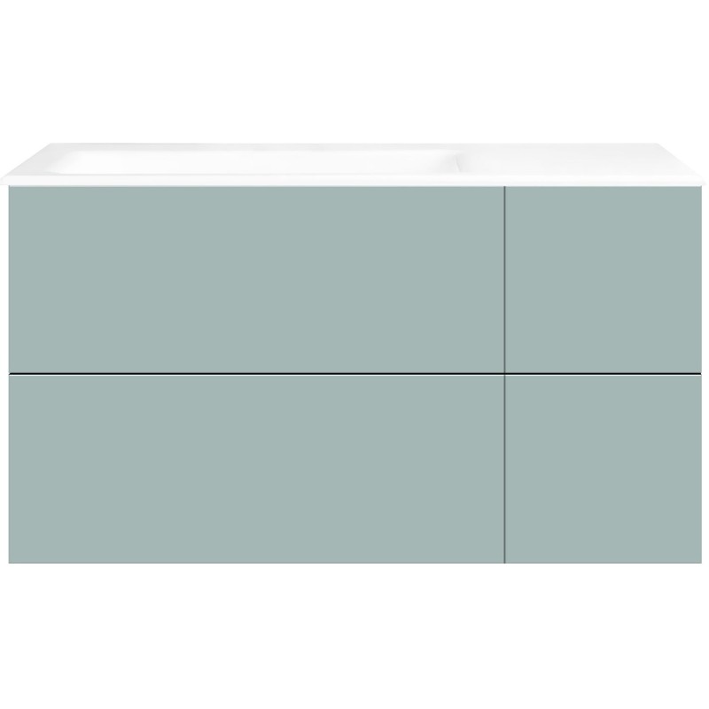 Sous meuble Coffee 4 tiroirs 110 bleu azur doux mat +lavabo gauche porcelainesans trou robinet blanc