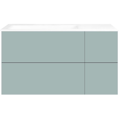 Sous meuble Coffee 4 tiroirs 110 bleu azur doux mat +lavabo gauche porcelainesans trou robinet blanc