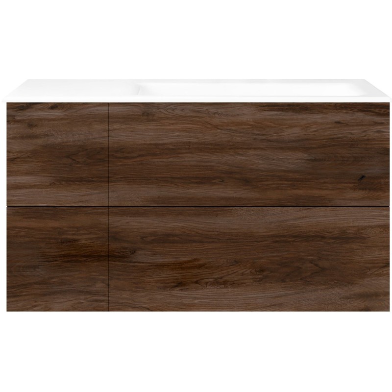 Sous meuble Coffee 4 tiroirs 110 noyer décor velours+lavabo droite porcelaine sans trou robinet blanc